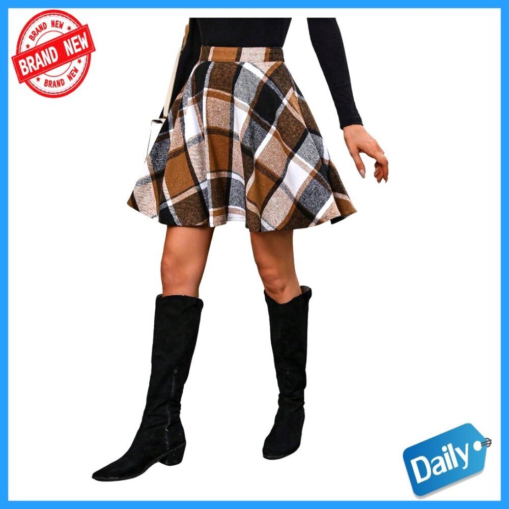 High Waisted Plaid Flannel Skater Skirt Flared Work Skirt Polyester